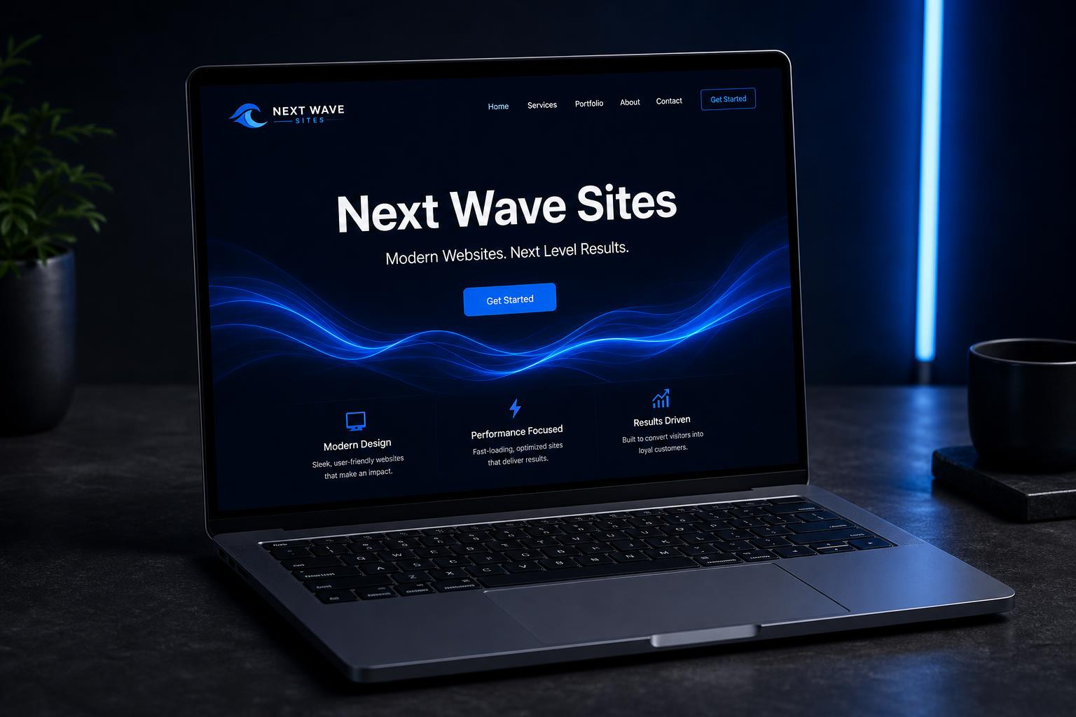 Modern dark-themed website mockup with electric blue wave design displayed on a sleek laptop