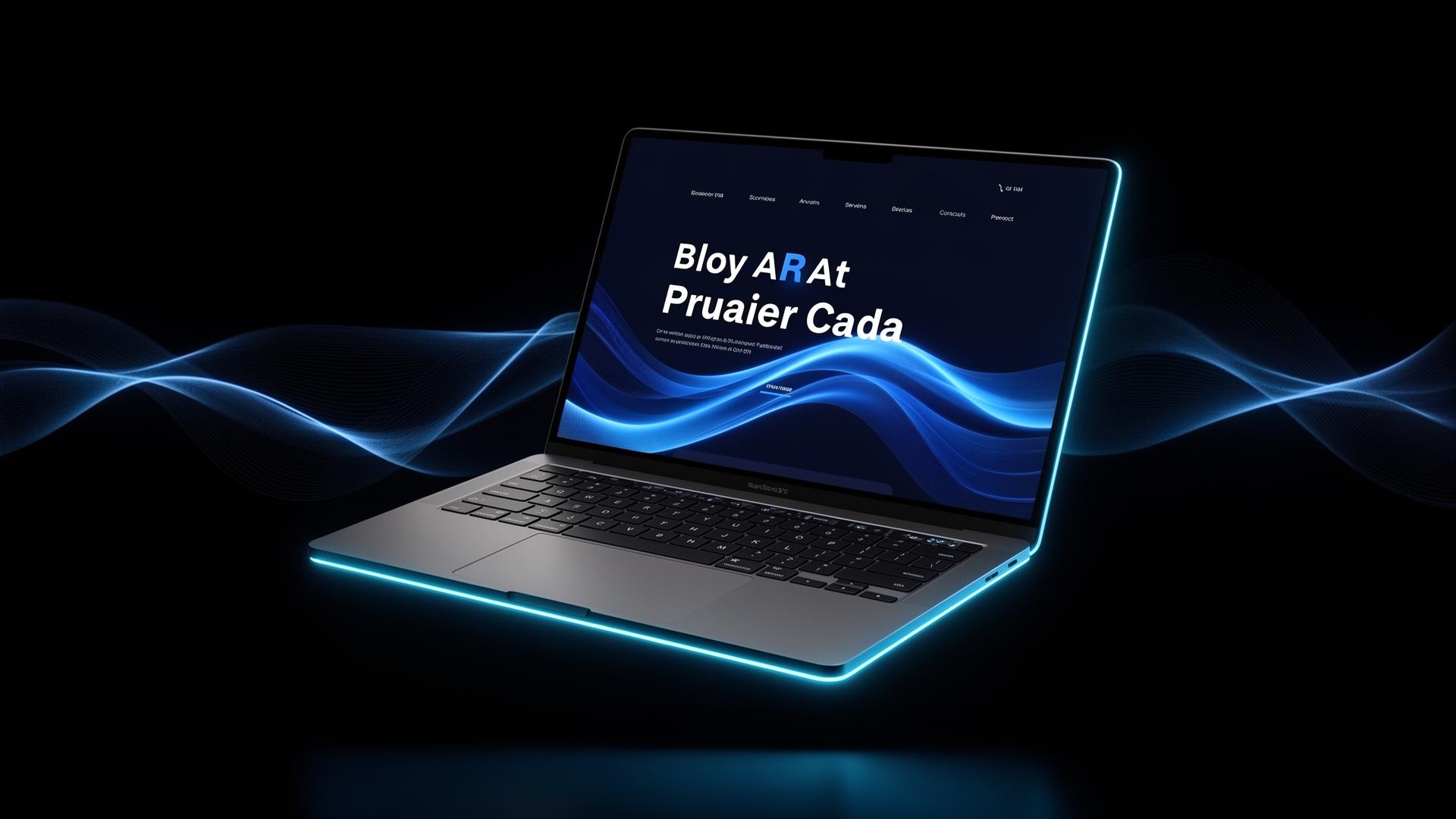 Modern dark-themed website mockup with electric blue wave design displayed on a sleek laptop